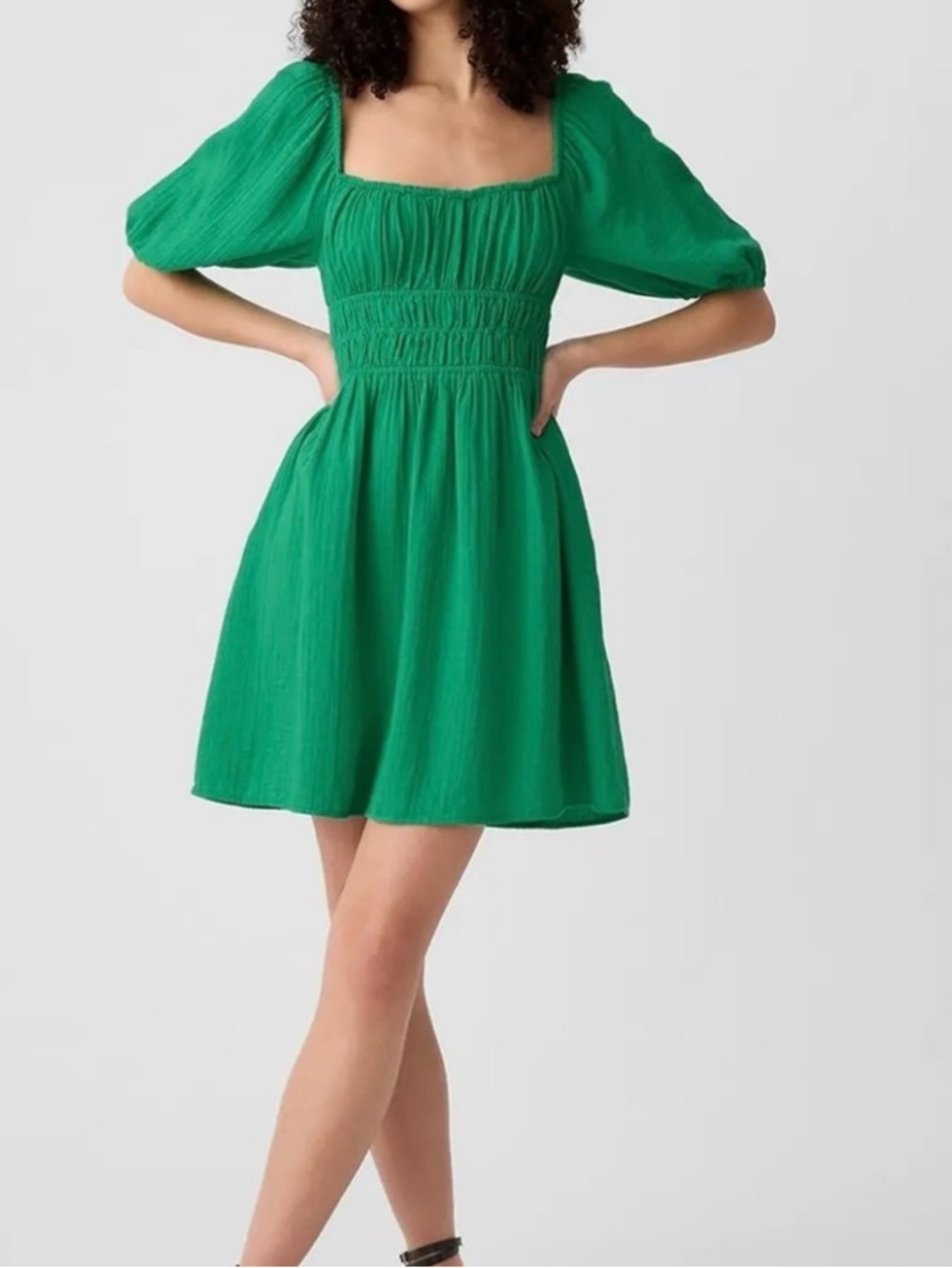 NWT GAP Green Square-Neck Smocked Waist Mini Cotton Dress XS